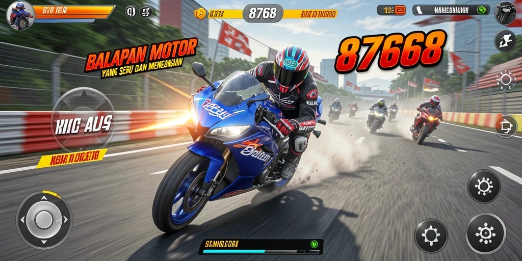 Screenshot gameplay <strong>8768</strong> menunjukkan balapan motor yang seru dan menegangkan.