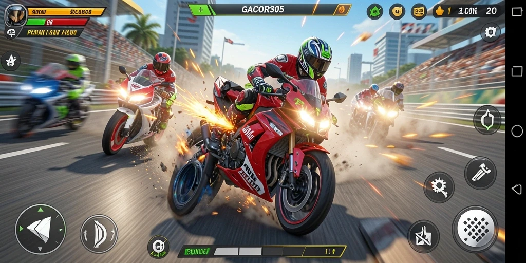 Screenshot GACOR305 menampilkan aksi balapan motor yang intens.
