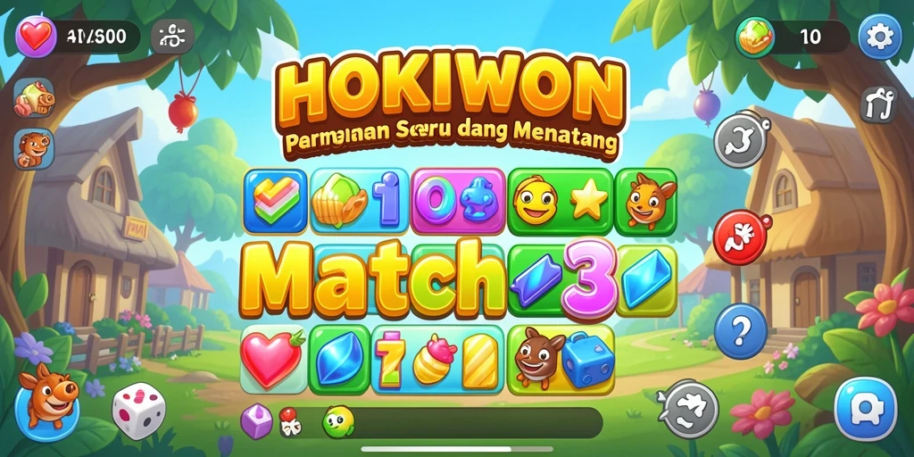 Tampilan gameplay HOKIWON yang menarik dengan match-3 permata berwarna-warni.