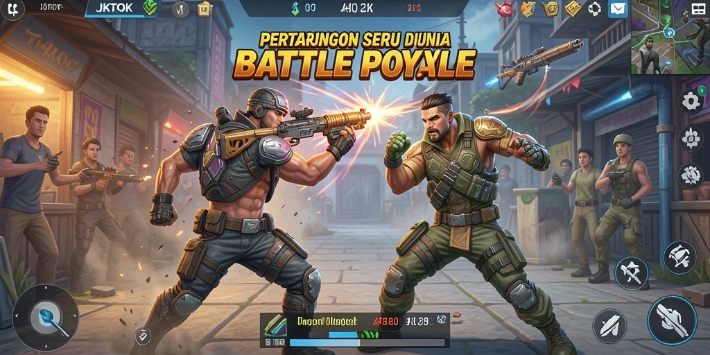Screenshot gameplay JKTOK menampilkan aksi pertarungan seru Battle Royale.